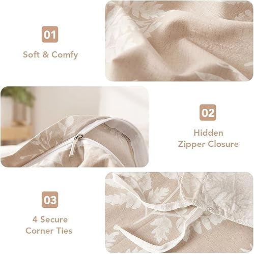 Miniatura 5 de Lekesky Juego de funda de edredón de algodón tamaño Queen, diseño de hojas rosadas carne, juego de ropa de cama floral para todas las estaciones,