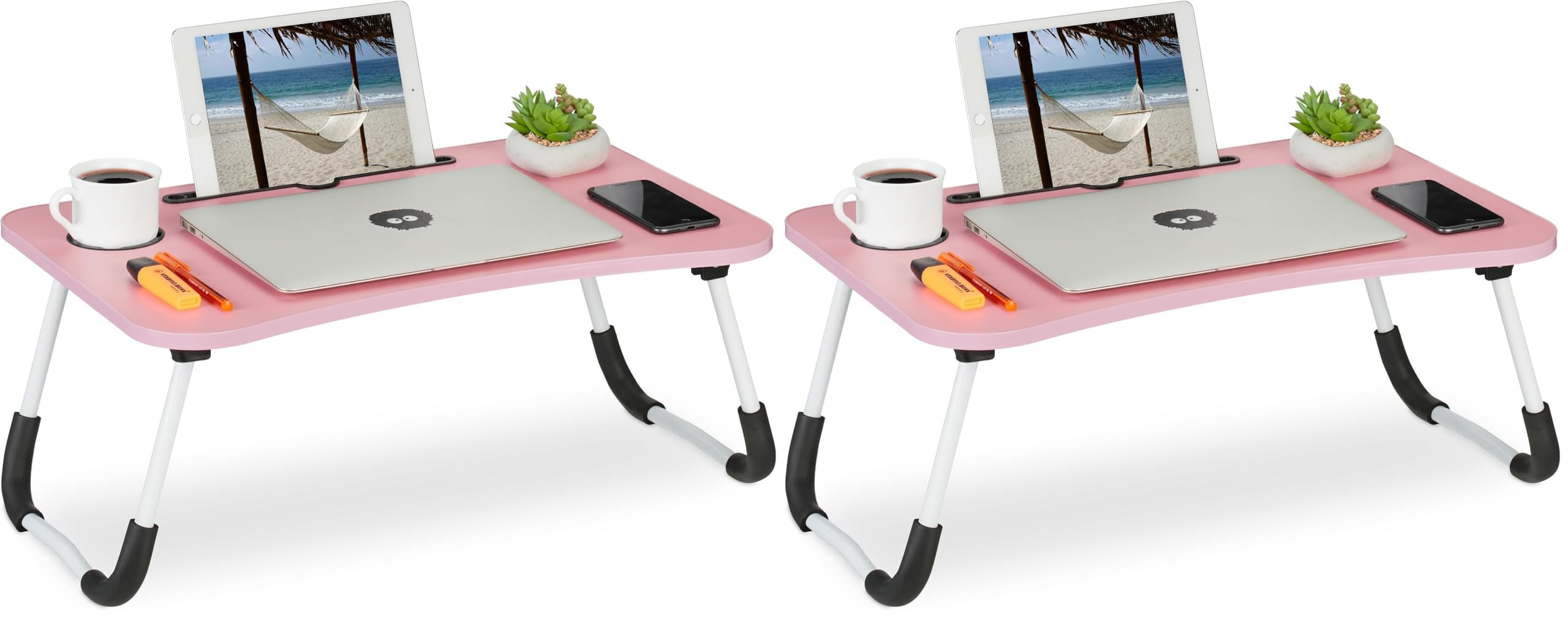 Relaxdays Table lit et canapé Ordinateur Portable, Porte-Tablette, Encoche gobelet, HxLxP : env. 26x63x40 cm, Rose/Blanc (Lot de 2)