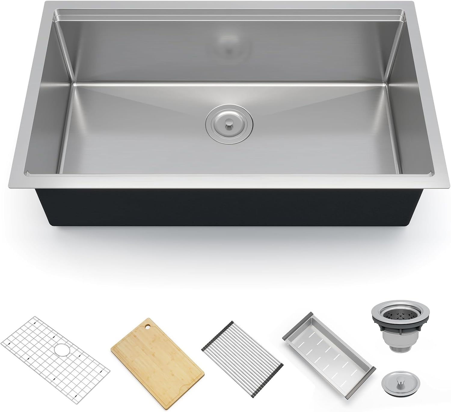 Stainless Steel Kitchen Sink, 30 x 19 x 10 inch Undermount Single Bowl Workstation Sink, 16 Gauge (1.35mm) 304 Stainless Steel, Handmade Brushed Finish, with Cutting Board, Roll-Up Rack & Drain Kit