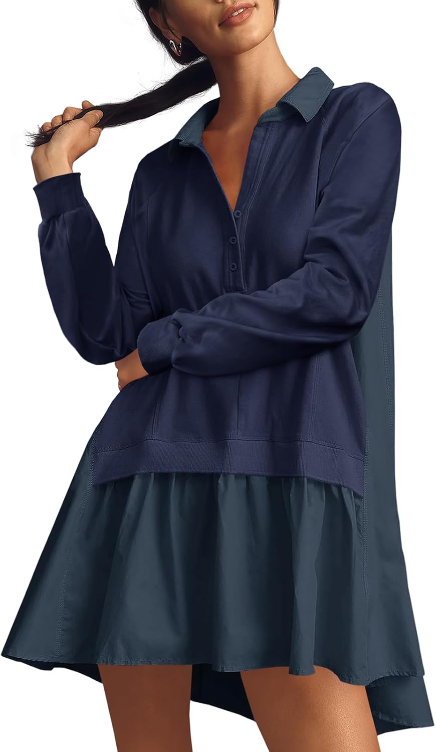 Oversized Vneck patchwork sweatshirt dress casual loose fit mini