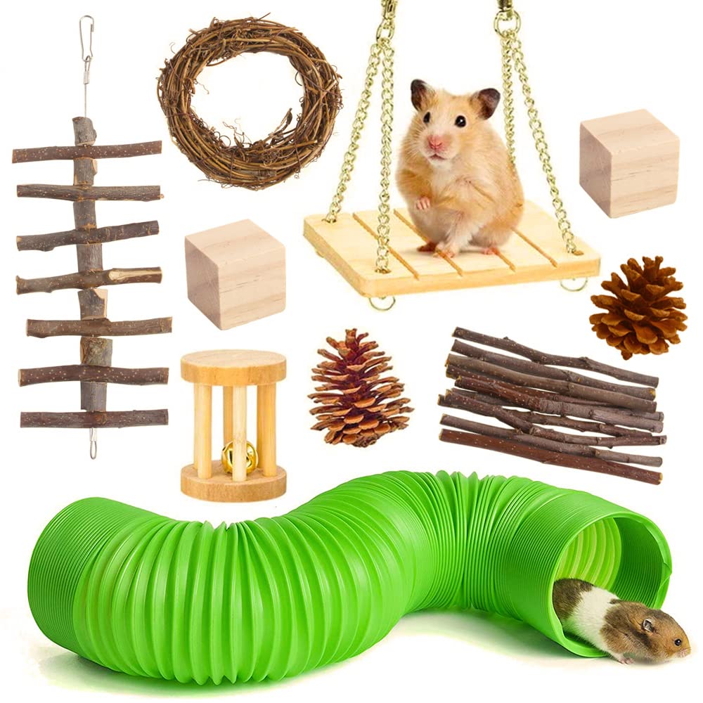 NeoStyle 10-Piece Small Animal Chew Toys Set with Tunnel, Natural Apple Wood Activity & Dental Health Playthings for Hamsters, Guinea Pigs, Rabbits, Chinchillas, Ferrets, Rats(10-Piece Toy Set)