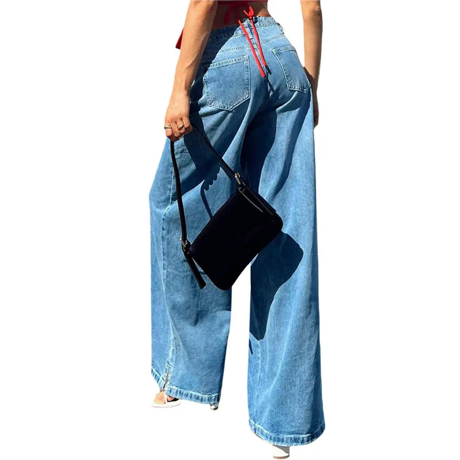 Pantalones Vaqueros de Mujer Mezclilla Pierna Ancha Elásticos Color Sólido con Bolsillos