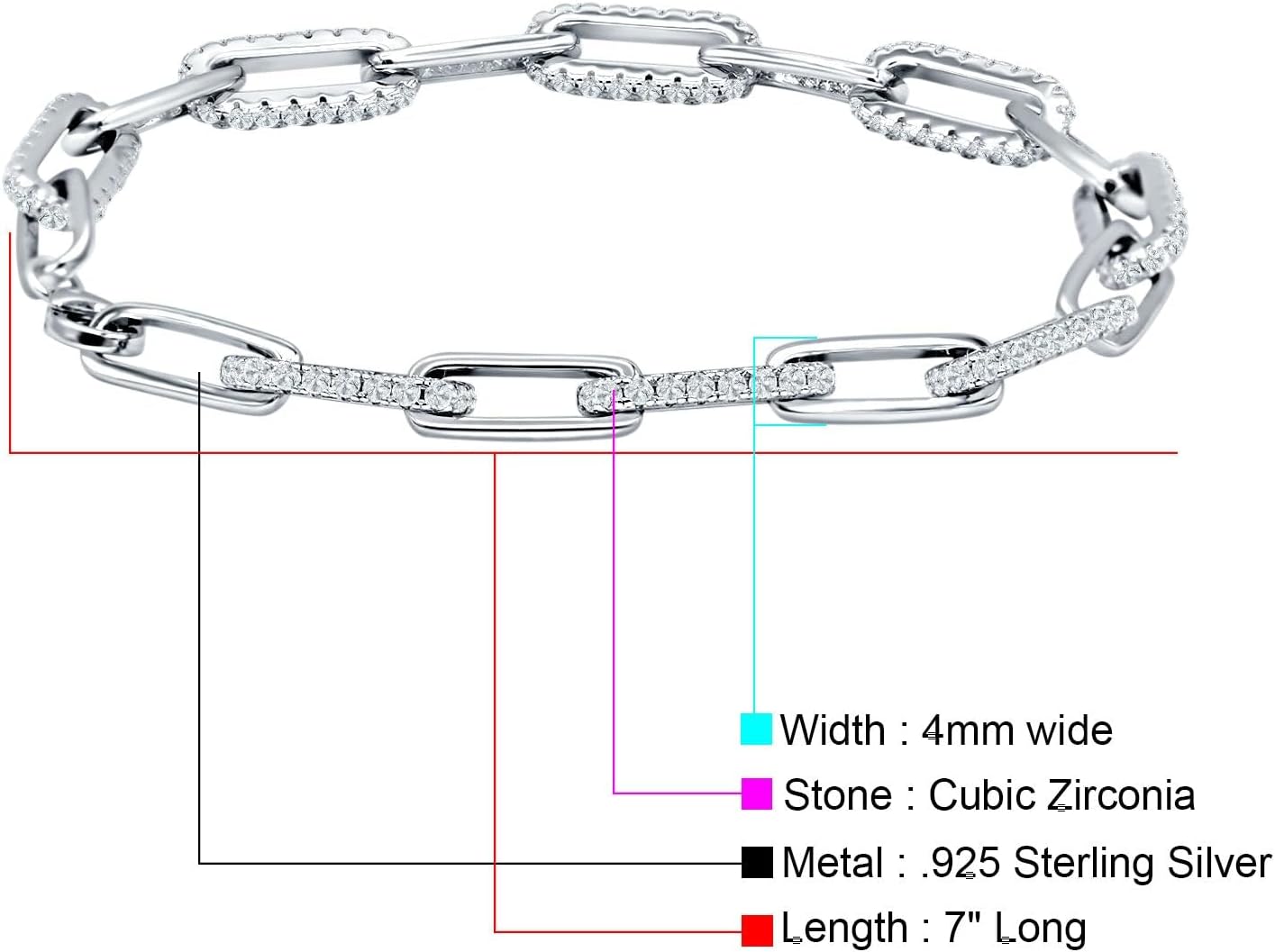 OMRANII Minimalist 7" Long Link Chain Interlocking 4mm Cubic Zirconia Paperclip Chain Bracelet Solid 925 Sterling Silver Gift For Women