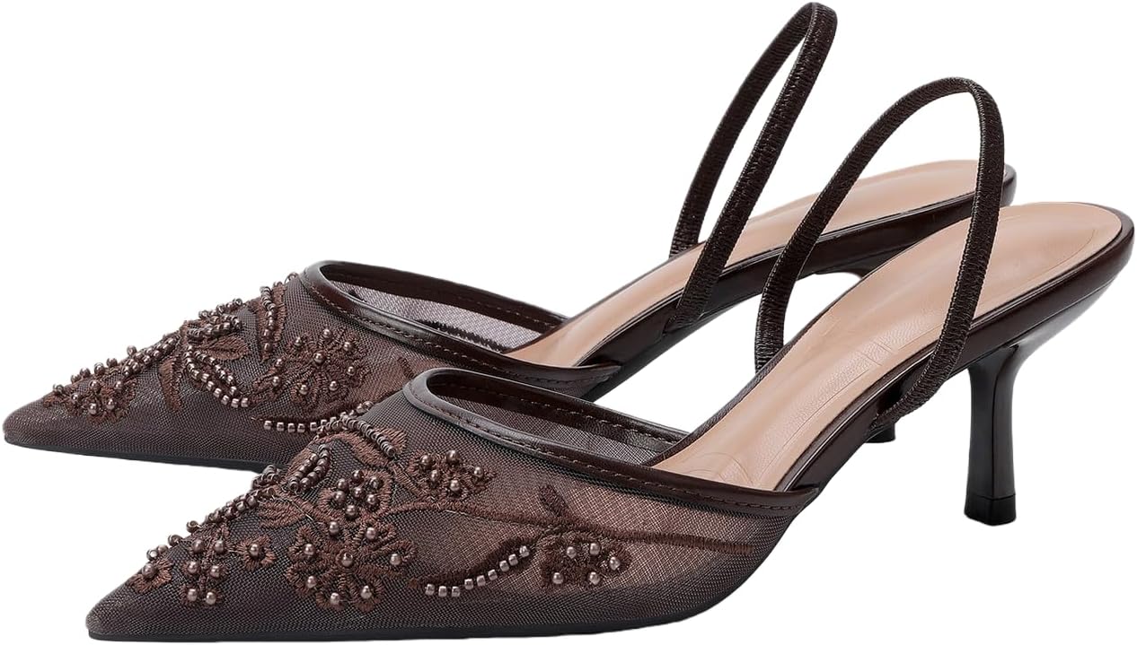 Fashion Mesh Slingback Pumps Shoes for Women Ankle Strap Pointed Toe Pumps