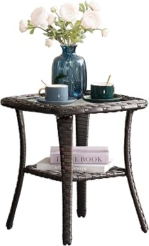 ovios Outdoor Side Table with Tempered Glass Top, Patio Wicker Rattan Bistro Coffee Tables with 2 Tiers Storage for Porch Deck Balcony Garden Poolside, Brown
