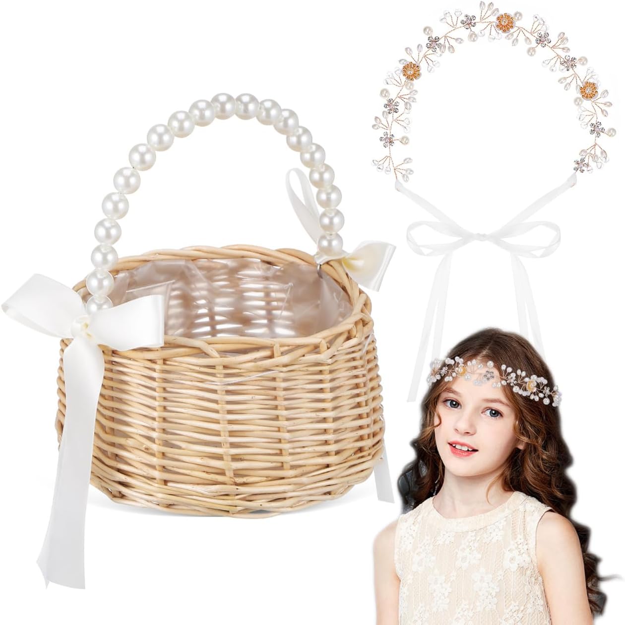 MAGICLULU Handwoven Rattan Basket with Handle and Flower Girl Headpiece Set for Wedding Ceremony Multipurpose Small Flower Basket for Gift Giving and Floral Arrangements 6.69X6.69X3.74 Inch