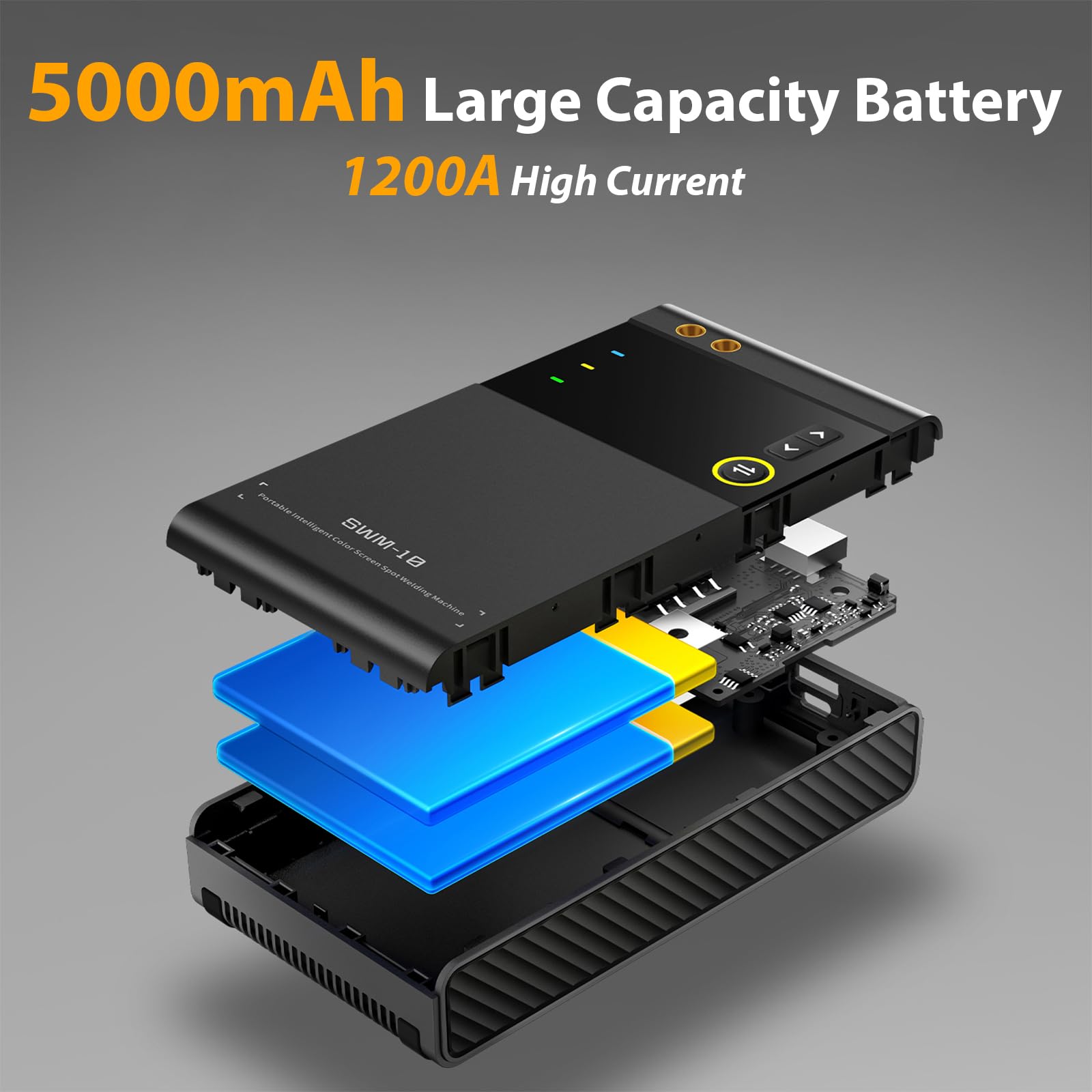Punktschweißgerät für Akkus, 5000mAh Tragbares Spot Welder mit 1200A Schweißstrom, Abnehmbarer Messing-Stiftkopf, 0,1-0,25mm Nickel/Eisen/Edelstahl/Aluminiumblech für DIY Akku-Pack