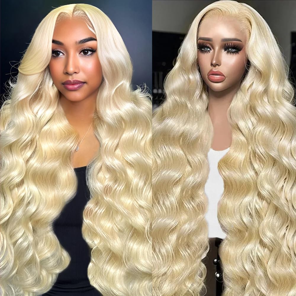 KEGOO 613 13x6 Lace Front Wig Human Hair 28 Inch Blonde Wig Human Hair 200% Density Body Wave HD Blonde Lace Frontal Wig Pre Plucked 613 Lace Front