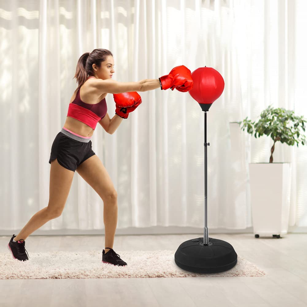 Set de Boxeo de pie para Adultos, con Guantes, Punching, Altura Ajustable 120-150 cm, Color Rojo, Adecuado para el Uso Profesional en el Gimnasio y en casa