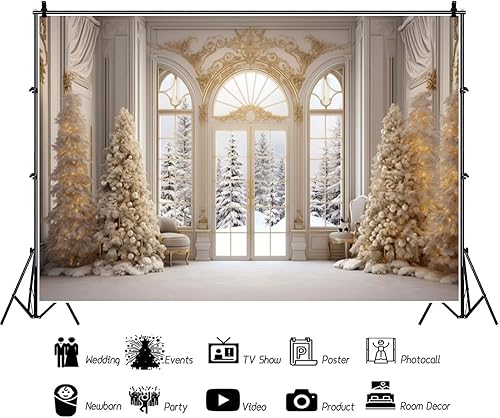 Miniatura 4 de Leowefowa Fondo de vinilo de 10 x 8 pies para fotografía de ventana de invierno, pino, bosque de nieve, copo de nieve de Navidad, fondo de ventana