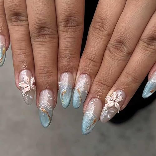 Hkanlre Almond Fake Nails Tips Medium Blue Press on Nails