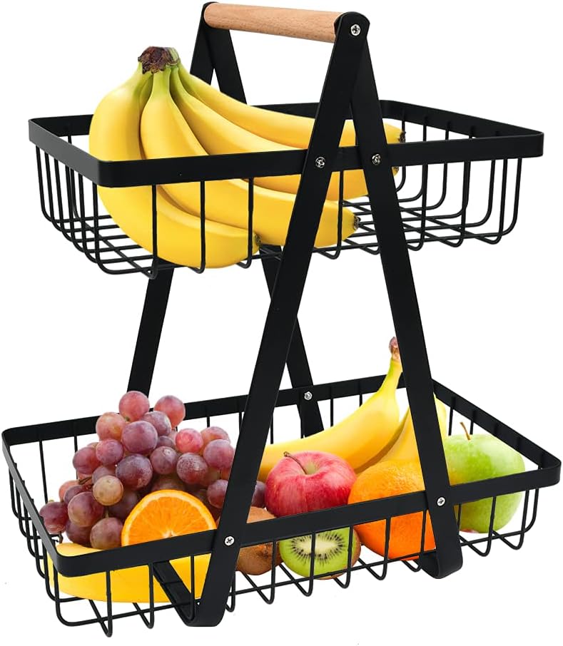 BOPHIS 2-Tier Fruit Basket ,Fruit Bowl Holder Bread Basket Vegetable Rack, Detachable Fruit Holder for Fruit, Vegetables, Snacks in Home, Kitchen Office，with Screwdriver