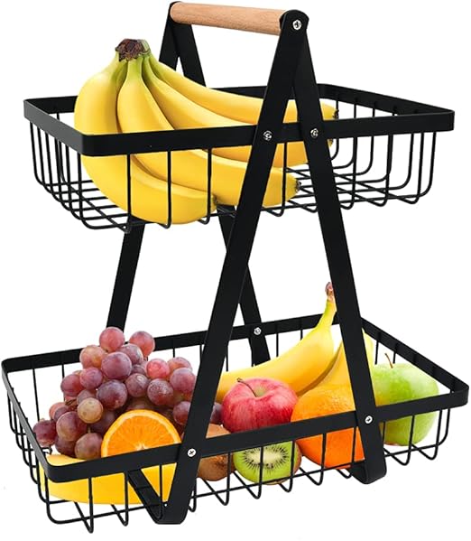 Couwilson 2-stöckiger Obstkorb Mit Bananenhalter & Holzgriff - Küchenorganizer Für Obst & Gemüse