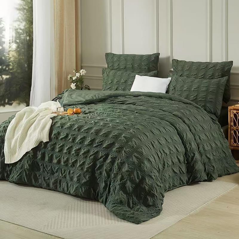 Housse de couette 220x240 vert olive durable au tissage seersucker de qualité