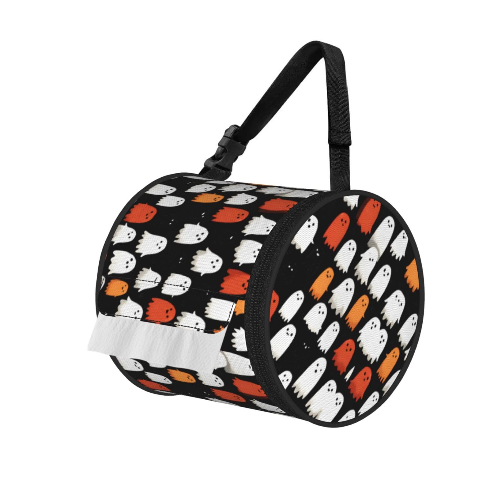 White Ghost Halloween Printed Cylindrical Tissue Bag Portable Oxford Cloth, Foldable Travel Tissue Holder With Zipper And Adjustable Belt