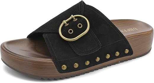 UBFEN Womens Slides Platform Sandals - Genuine Leather, Arch Support Comfortable Buckle Sandals for Walking