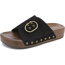 UBFEN Womens Slides Platform Sandals - Genuine Leather, Arch Support Comfortable Buckle Sandals for Walking