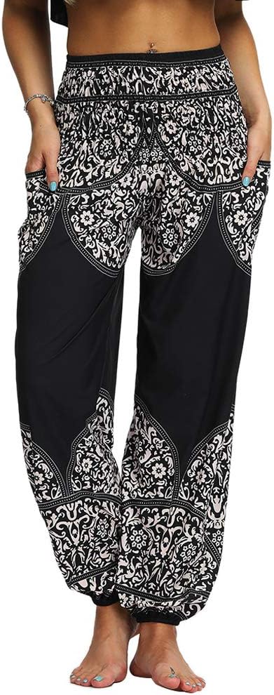 NuofengkuduWomen's Hippie Baggy Harem Trousers with Pockets Smocked High Waisted Soft Boho Patterned Gypsy Yoga Pants Holiday Summer Beach Party, Black C, One size