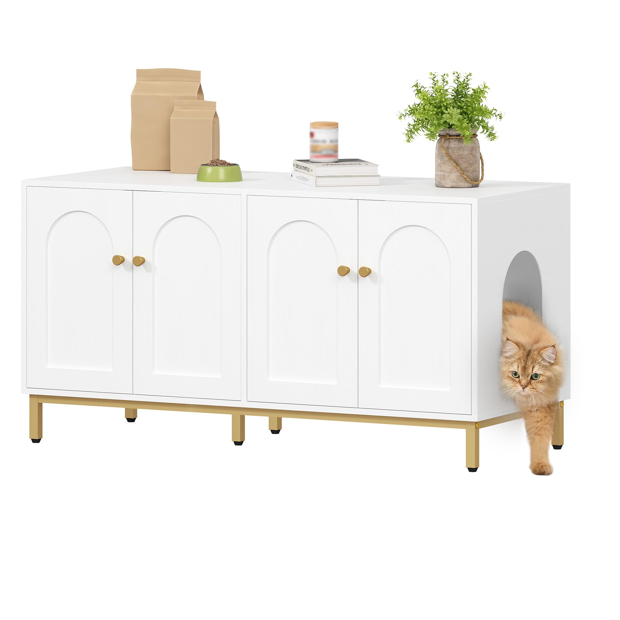 Hzuaneri Caja de Arena para 2 Gatos, 119cm Mueble para Caja de Arena Oculta, Casa de Madera para Mascotas, Mueble de Almacenaje, Se Adapta a la Mayoría de Arenero Gato, Blanco-Oro CB82313A The Forest Stewardship Council