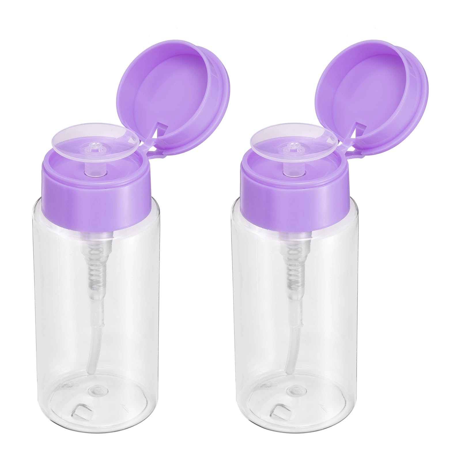 Muiltvoe 2pcs Push Down Pump Dispenser 5.3OZ (150ML) Plastic Nail Polish Remover Pumping Empty Bottle with Flat Flip Cap for Makeup Remover Alcohol Facial Toner, Purple