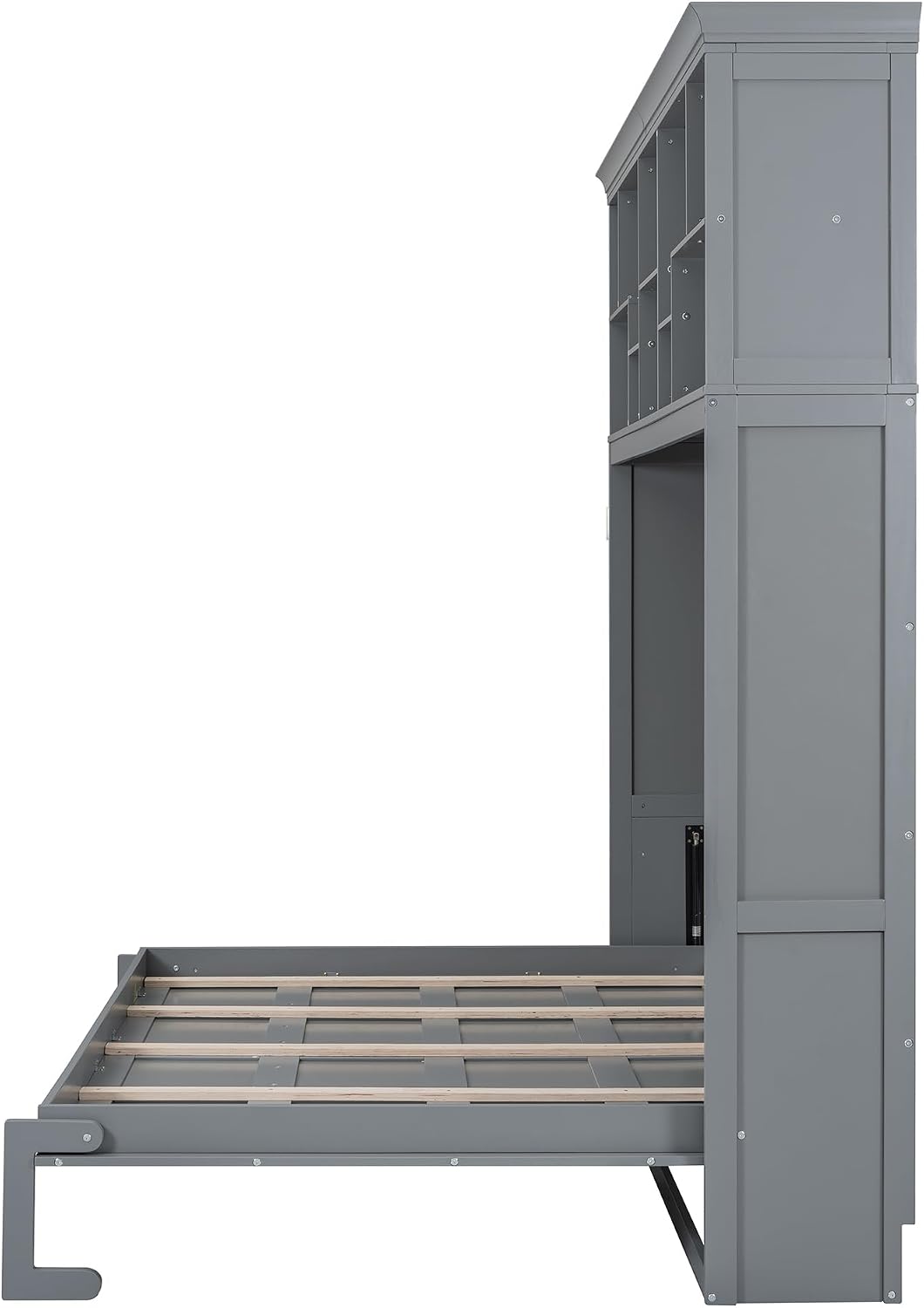 P PURLOVE Queen Size Murphy Bed with Top Shelves, Wood Wall Bed with USB, No Box Spring Needed, Gray