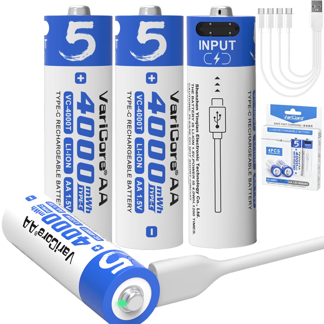 4000mWh Rechargeable Lithium AA Batteries 4 Pack, 1.5V USB AA Lithium-ion Batteries AA Size, Long Lasting 1200 Cycles, High Capacity Battery for Toys, Remotes, Smart Door Lock