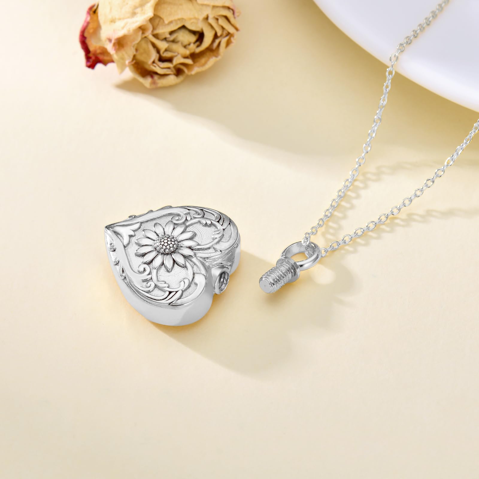SOULMEET White Gold Filled Sunflower Cremation Jewelry for Ashes Heart Sunflower Urn Necklace that Holds Human Dog Ashes - Image 3