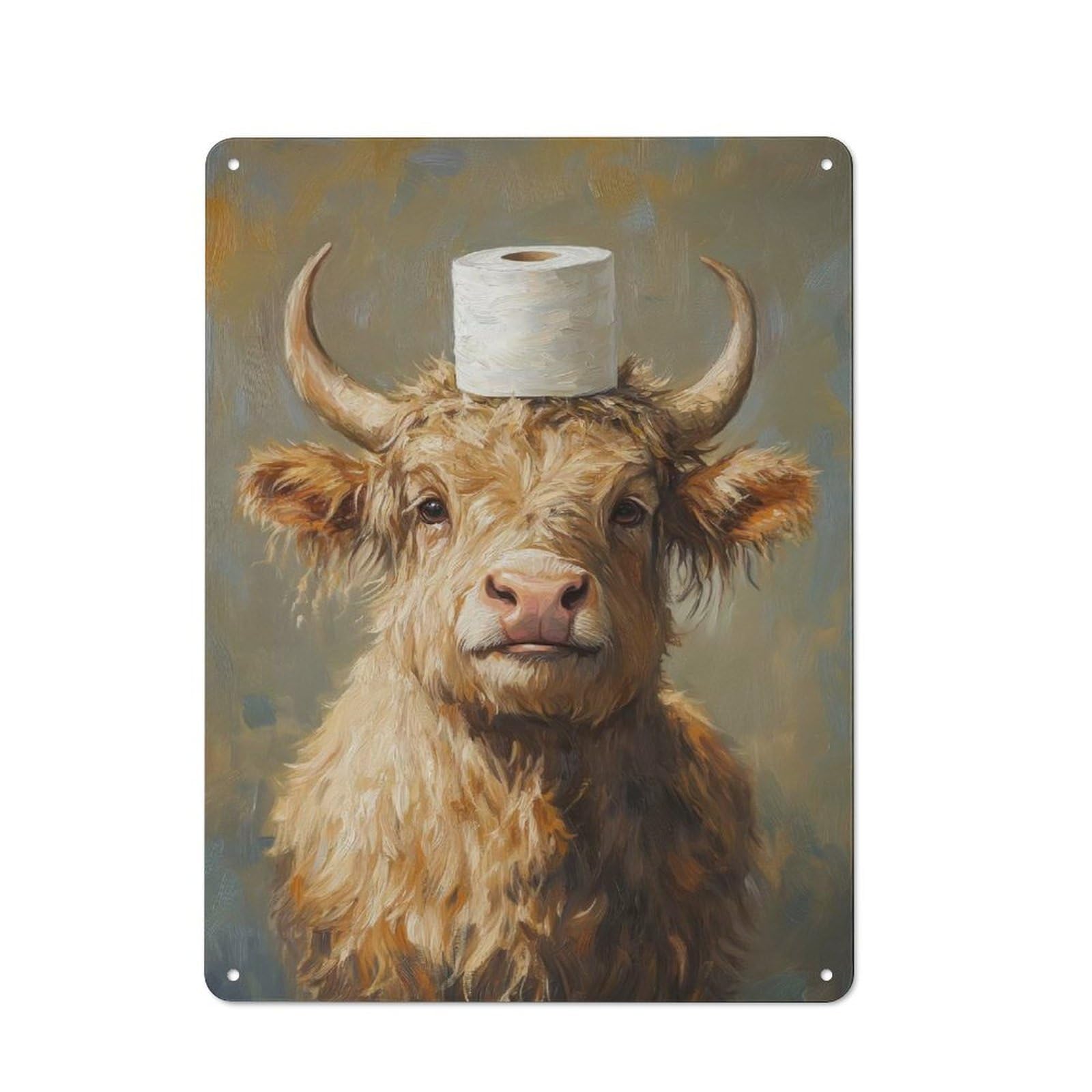 Junmoney Highland Cow With Toilet Paper Rustic Metal Wall Sign 40X30cm For Café Or Restaurant, Gift Idea At Christmas For Café Owners And Decorators