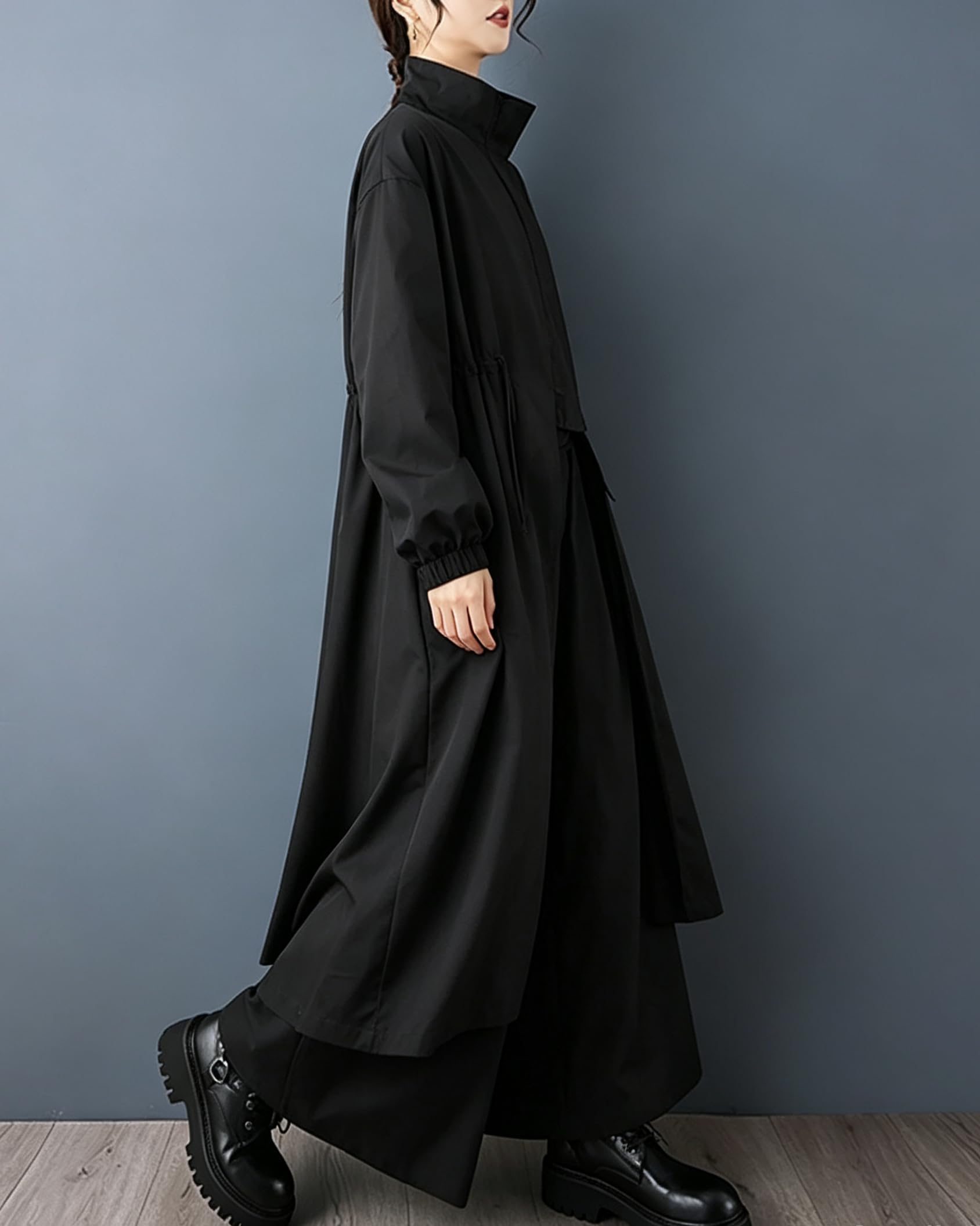 ellazhu Manteau pour femmes, col montant, fermeture éclair, cordon de serrage, uni, manches longues, poches latérales, ourlet long GZ723 A