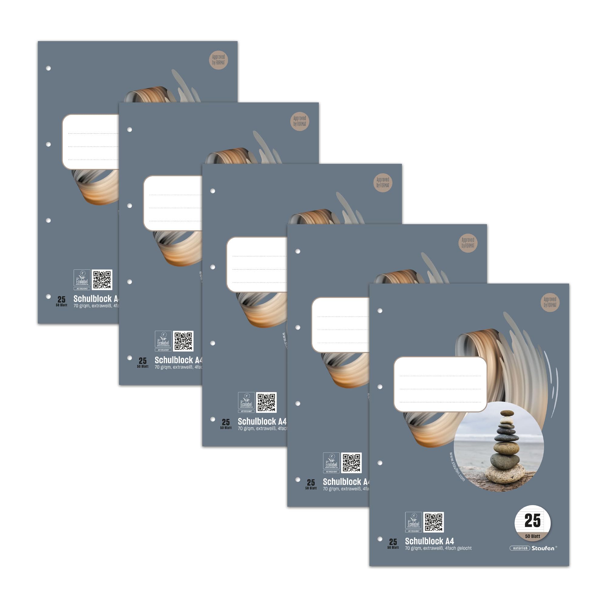 Staufen Style Schulblock - 5 Blöcke je 50 Blatt, DIN A4, 70 g/m², LIN 25 (liniert 9 mm mit weißem Rand), 4-fach Lochung