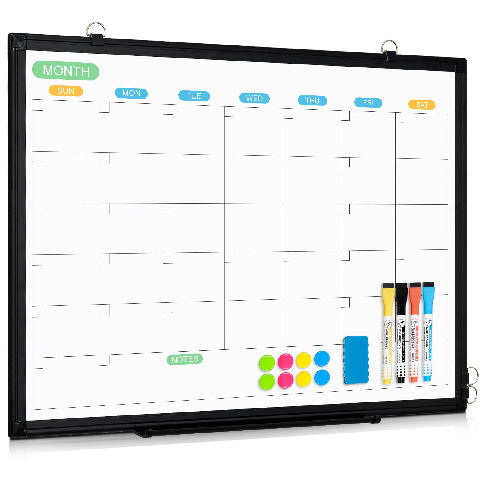 walglass dry erase calendar whiteboard for wall, 24" x 18" double-sided monthly calendar white board with black aluminum frame, hanging or wall mount dry erase whiteboard for home, office, school