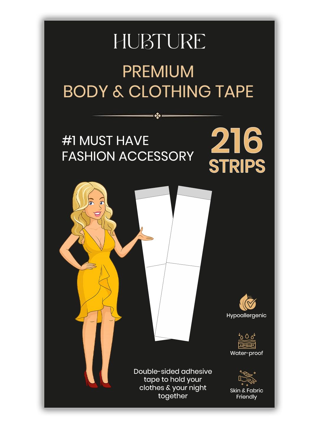 HUBTURE 216 Strips Double Sided Tape for Fashion, Clothing and Body Tape | All Day Strength Invisible Dress Tape for women | Gentle to stick on Skin and clothes | Transparent (216 Strips)