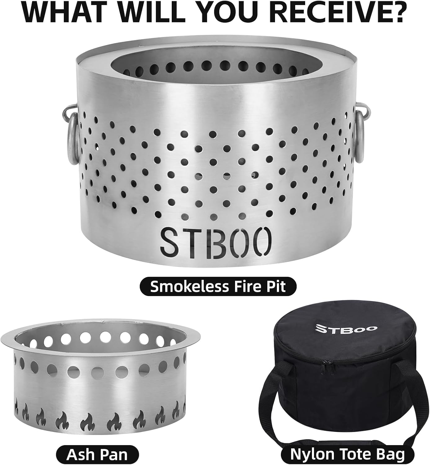 Components of the STBoo Tabletop Fire Pit: main unit, ash pan, and tote bag
