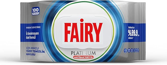 Fairy Platinum Antibakteriyel Yüzey Temizlik Havlusu 100 Yaprak | Beyaz Sirke & Karbonat | 48 Saat Temizlik Etkili | İz Bırakmayan Formül