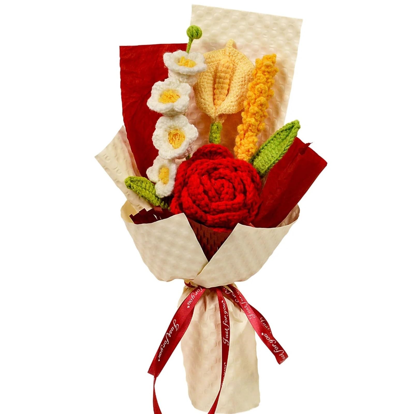 FCfpxwtz Artificial Crochet Flower, Handmade Crochet Rose Bouquet Pink Red For Mother's Day, Valentine's, Anniv, Birthday(Red)