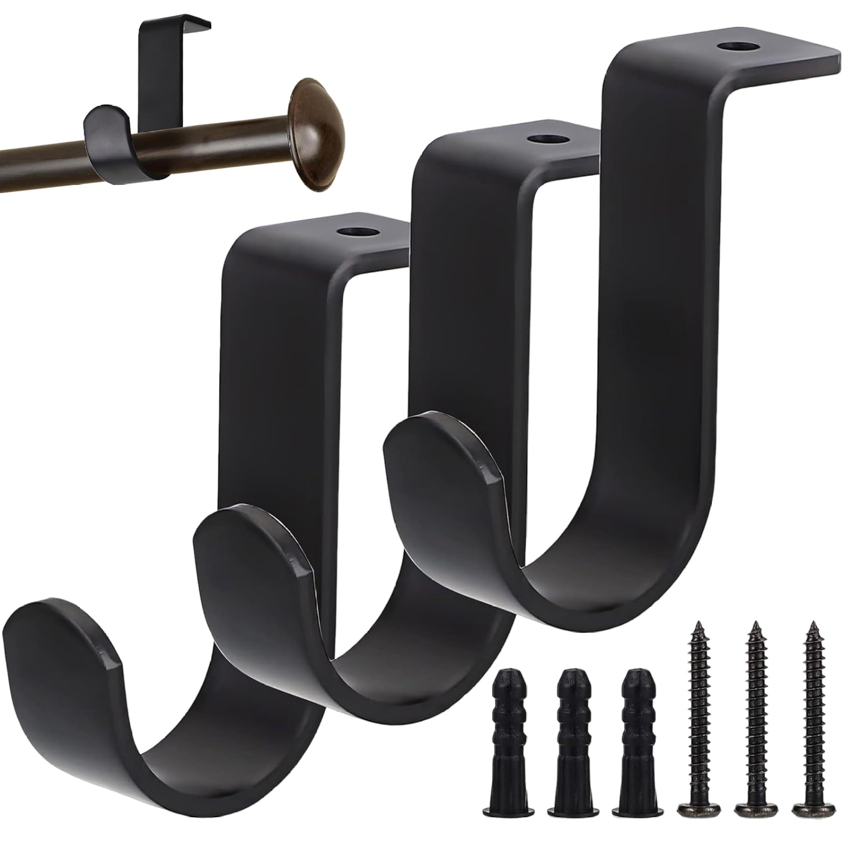 Wedhapy Curtain Rod Holders 3Pcs Curtain Rod Bracket, Ceiling Mounted Brackets, Heavy Duty Metal Single Rods Hooks Hanger Fit for 1 Inch Drapery, Black