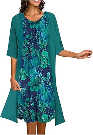 Damen Chiffonkleid Blumen Rüschendruck Rundhals Maxikleid Elegant Hochzeit Party 3/4 Ärmel