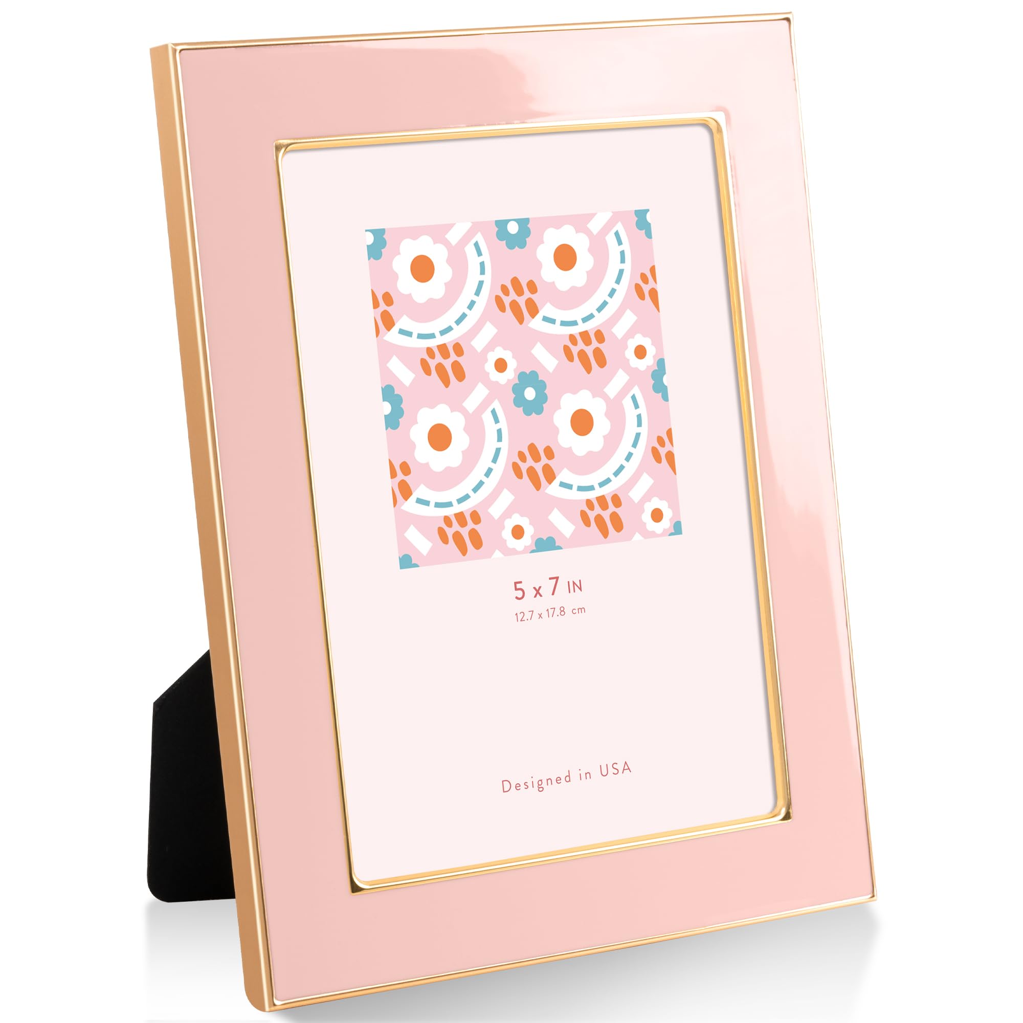 5"x7"(13x18cm) Enamel Picture Frame with Gold Metal Edge, HD Tempered Glass Photo Frame with Velvet Back & Easel Stand for Wall or Tabletop Display Family Office Photo Gallery, Pink