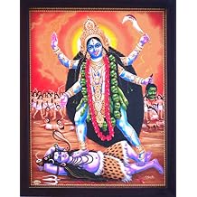 HandicraftStore Hindu Goddess Maa Kali Putting her Leg on Lord Shiva and Shiva Smiling, A Rare Hindu Religious Poster Painting with Worship