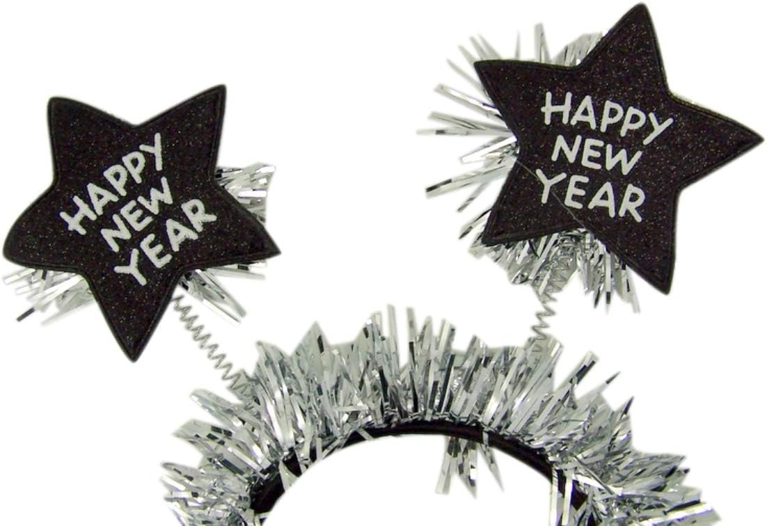 Happy New Year Headband with Star Boppers and Silver Tone Tinsel, 10 Inch