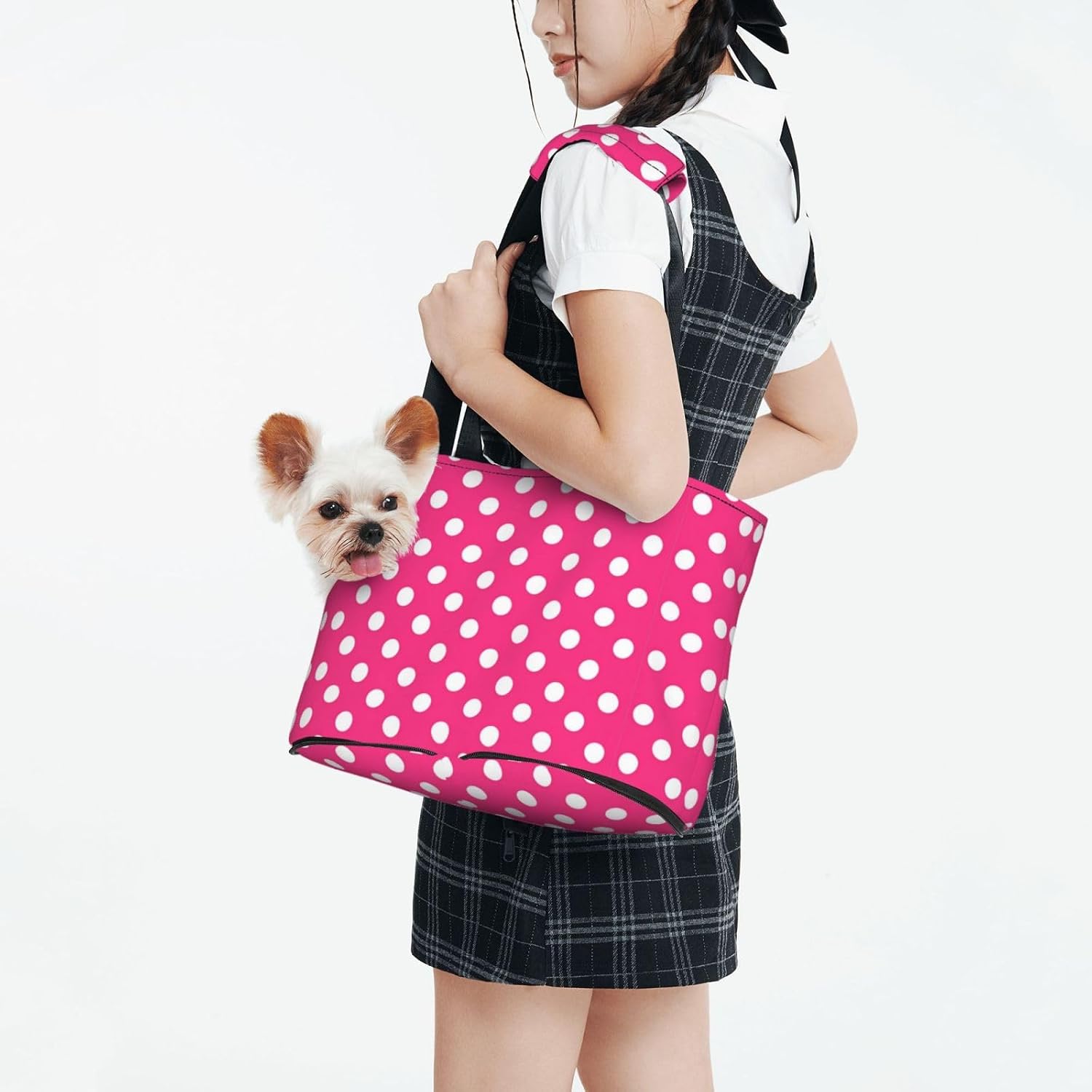 Soft Sided Pet Travel Purse Pink Polka Dot, Portable Foldable Carrier Tote Bag for Small Dog Cat Puppy Kitten Shopping image 2