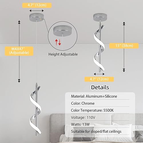 Miniatura 6 de CANEOE Moderna lámpara colgante LED, lámpara colgante LED integrada en espiral blanca fría de 5500 K, lámpara colgante de isla de altura ajustable