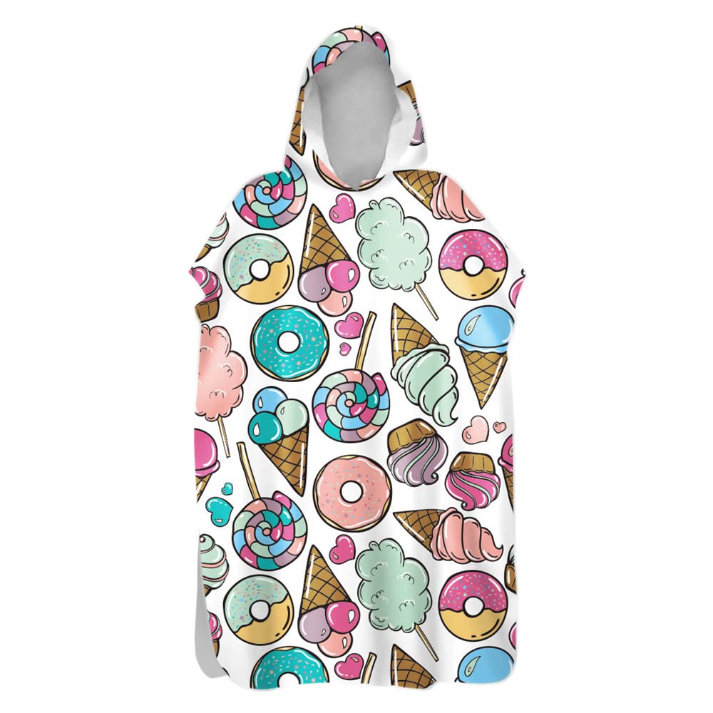 Treer Poncho Changing Robe Hooded, Dessert Cake candy Print Large Beach Towel Quick Dry Light Weight Blanket Towel with Hood for Surfing Swimming Wetsuit Adult Woman & Man (ice cream,60x110cm)