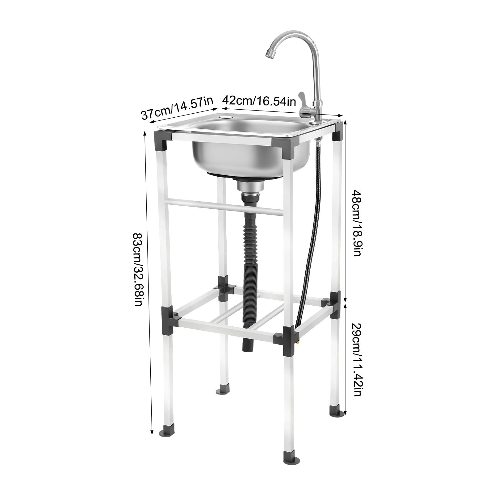 Fregadero independiente de acero inoxidable, fregadero de cocina, lavabo, lavabo con grifo, fregadero móvil de acero inoxidable con dispositivo de drenaje para cocina, restaurante, garaje, 42 x 37 x