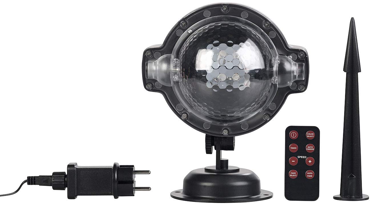 Lunartec Projektionslampe: LED-Kugellampe mit Schneefall-Effekt und Timer, weiß + RGB, IP44 (Projektionslampe Weihnachten, Weihnachtsstrahler, Laserprojektor Outdoor)