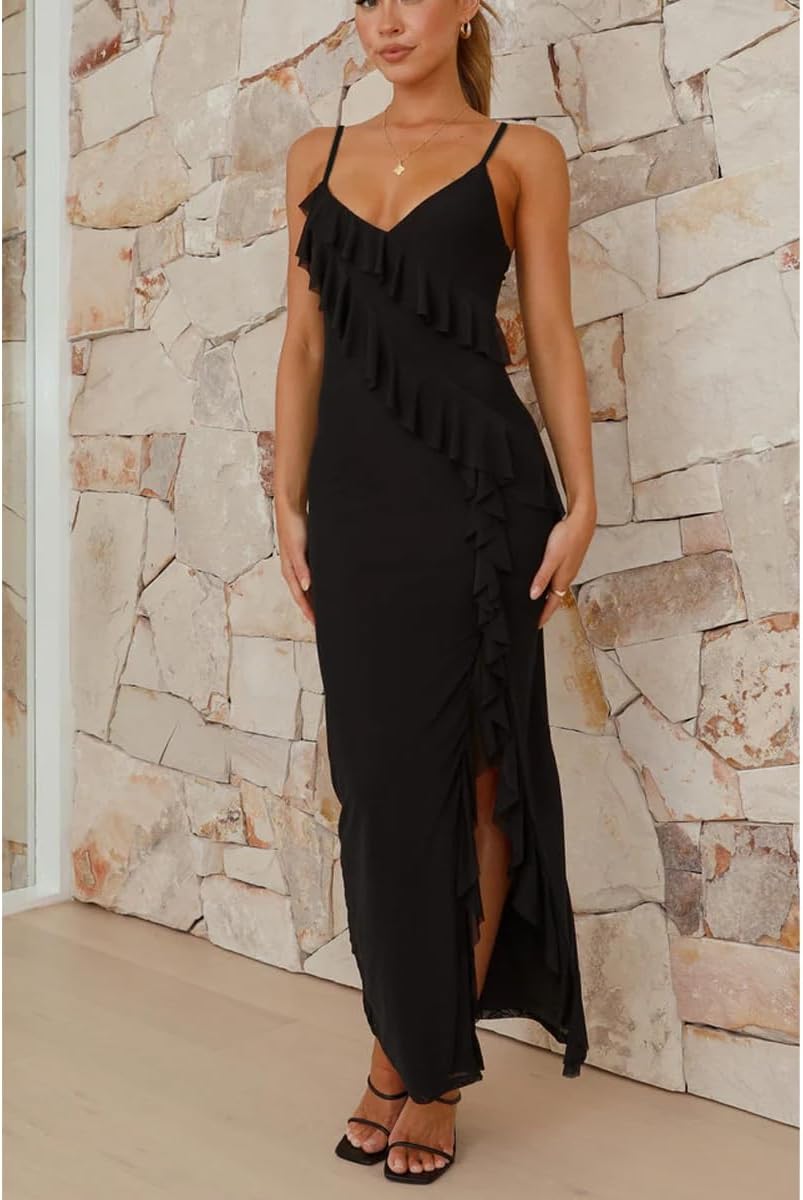 Women Sexy V Neck Spaghetti Strap Mesh Ruffle Bodycon Backless High Slit Cocktail Party Beach Maxi Dress - Image 4