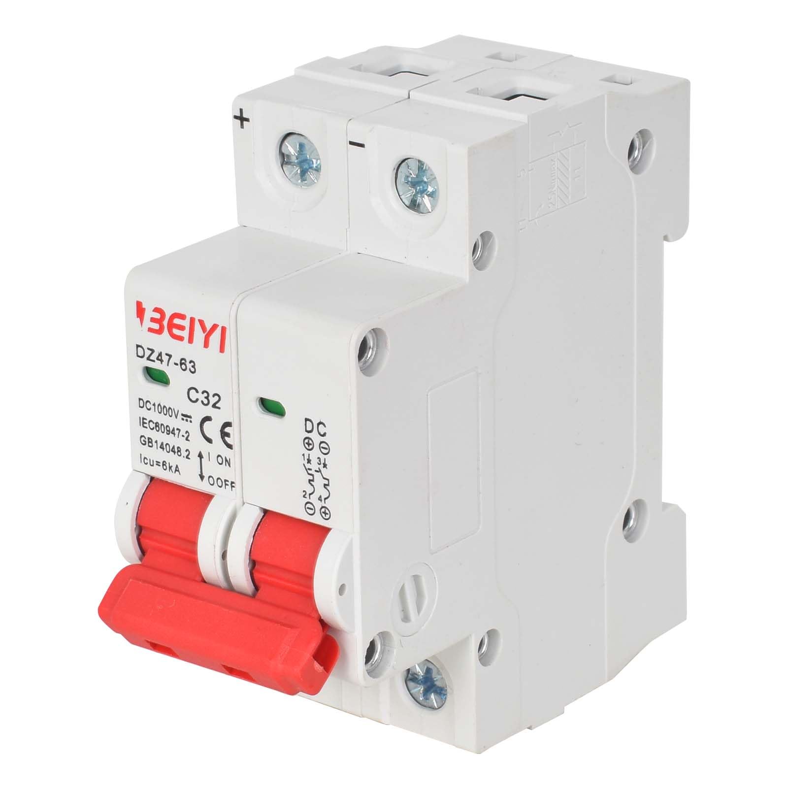 Disjoncteur DC Miniature 2P 63A 1000V Pour Système Solaire PV - Montage Rail DIN | Protection Court-Circuit Et Surcharge