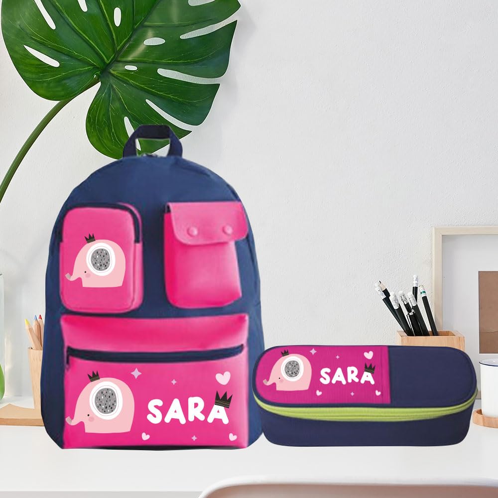 Generico Zaino e Astuccio per Bambini Combo Set 2 Pezzi con Stampa Elephant e Personalizzabile con Nome asilo elementari medie ragazzi ragazze giovane scuola idea regalo natale