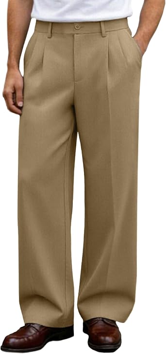 Susclude Mens Casual Dress Pants Old Money Pleated Baggy Wide Leg Slacks Vintage Stylish Relaxed Fit Work Trousers