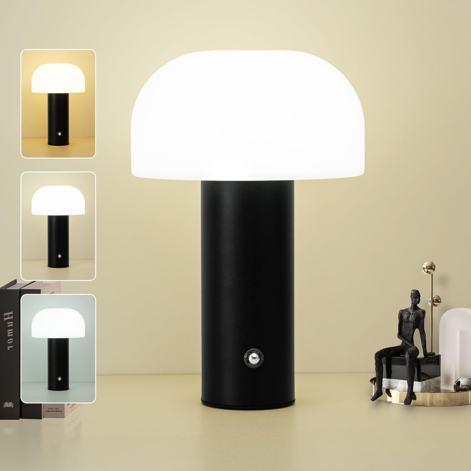 ZOOPEEN Cordless Mushroom Table Lamp Rechargeable,4000mAH Portable Battery Operated Lamp,3 Color Stepless Dimming Modern Lamps for Bedside Lamps,Touch Dimming Night Light for Home/Restaurant Black